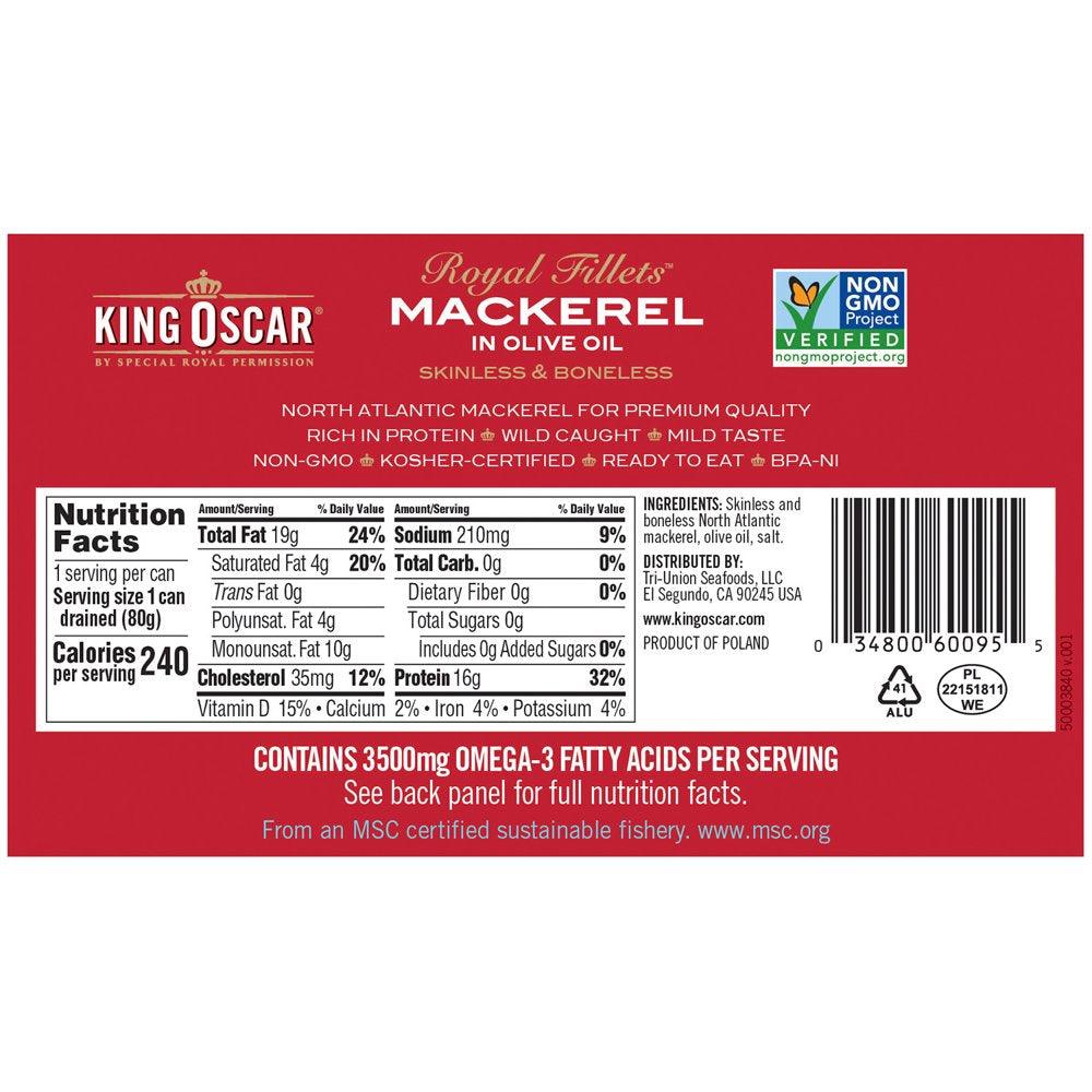 King Oscar Skinless & Boneless Mackerel Fillets in Olive Oil, 4.05 Oz Can