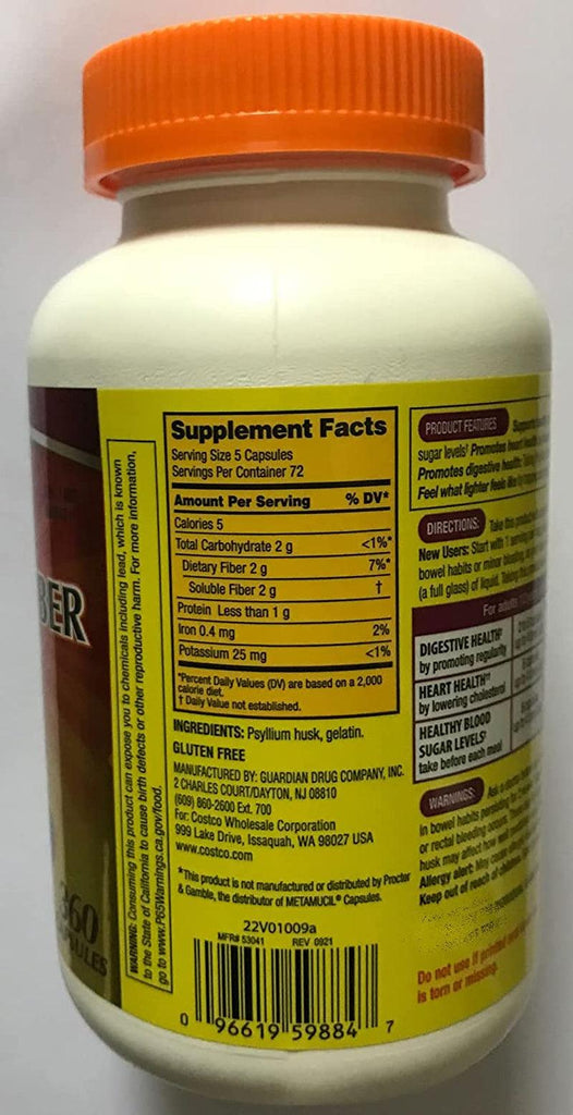 Fiber Capsules Kirkland Therapy for Regularity/Fiber Supplement, 360 Capsules - Compare to the Active Ingredient in Metamucil Capsules