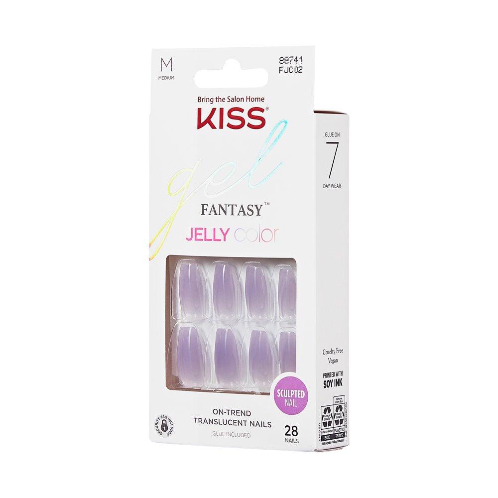 KISS Jelly Fantasy Medium Coffin Glue-On Nails, Glossy Medium Purple, 28 Pieces