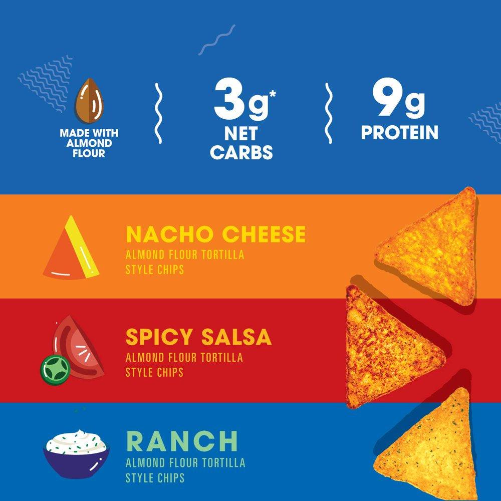 , Low Carb Keto Friendly Tortilla Chip Snack Bags Nacho Cheese Ranch Spicy Salsa, Variety Pack, 12 Count