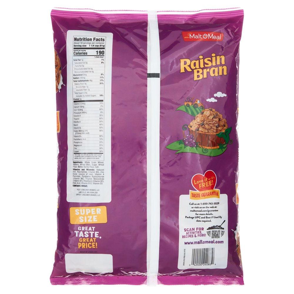 Malt-O-Meal Raisin Bran Cereal, Family Size Breakfast Cereal, 39 Oz Resealable Cereal Bag