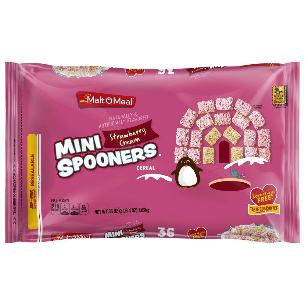 Malt-O-Meal Strawberry Cream Mini Spooners Shredded Wheat Cereal, Whole Grain Breakfast Cereal, 36 Oz Resealable Cereal Bag