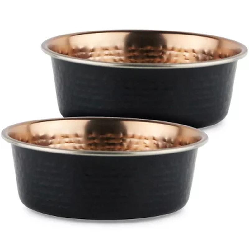 Matte Black & Hammered Copper Dog Bowl W/ Silicone Feet, 2 Pk. (Choose Size)