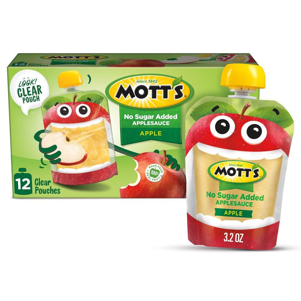 Mott'S No Sugar Added Applesauce, 3.2 Oz, 12 Count Clear Pouches