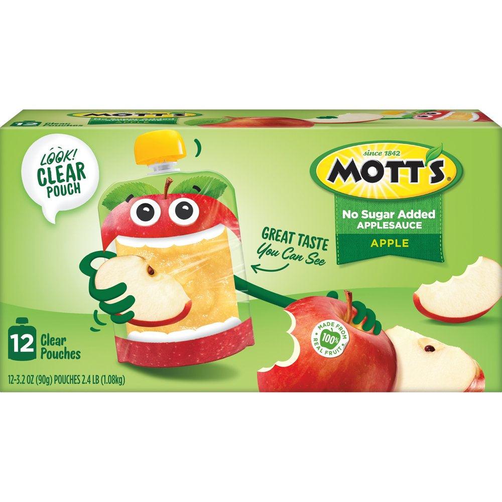 Mott'S No Sugar Added Applesauce, 3.2 Oz, 12 Count Clear Pouches