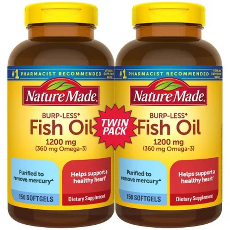 Nature Made Burp-Less Fish Oil 1,200 Mg. Softgels for Heart Health (2 Pk., 150 Ct./Pk.)