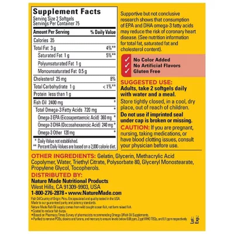 Nature Made Burp-Less Fish Oil 1,200 Mg. Softgels for Heart Health (2 Pk., 150 Ct./Pk.)