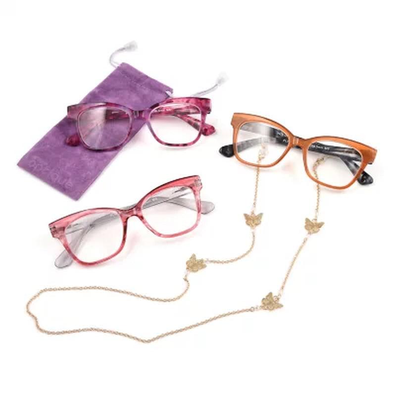 OPTIQUE Limited Collection Butterfly Reading Glasses with Chain and Cloth (3 Pack)