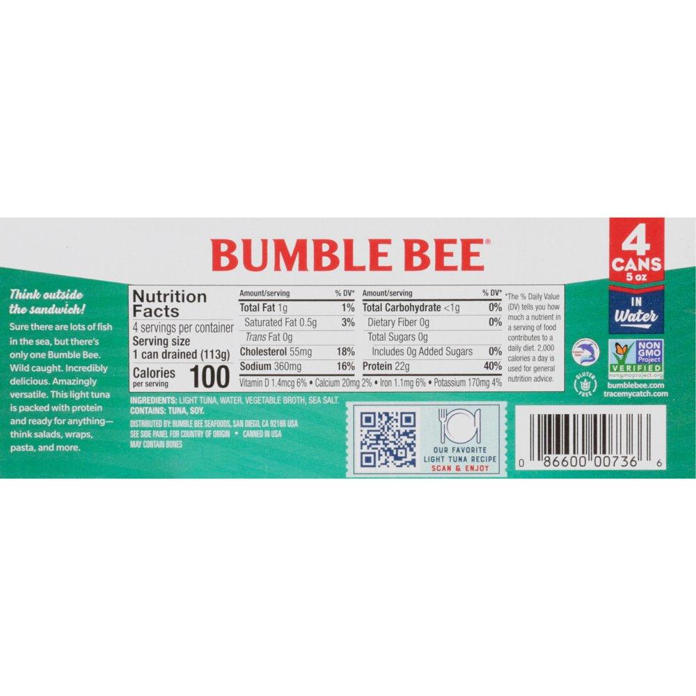 (Pack of 4) Bumble Bee Chunk Light Tuna in Water, 5 Oz Cans