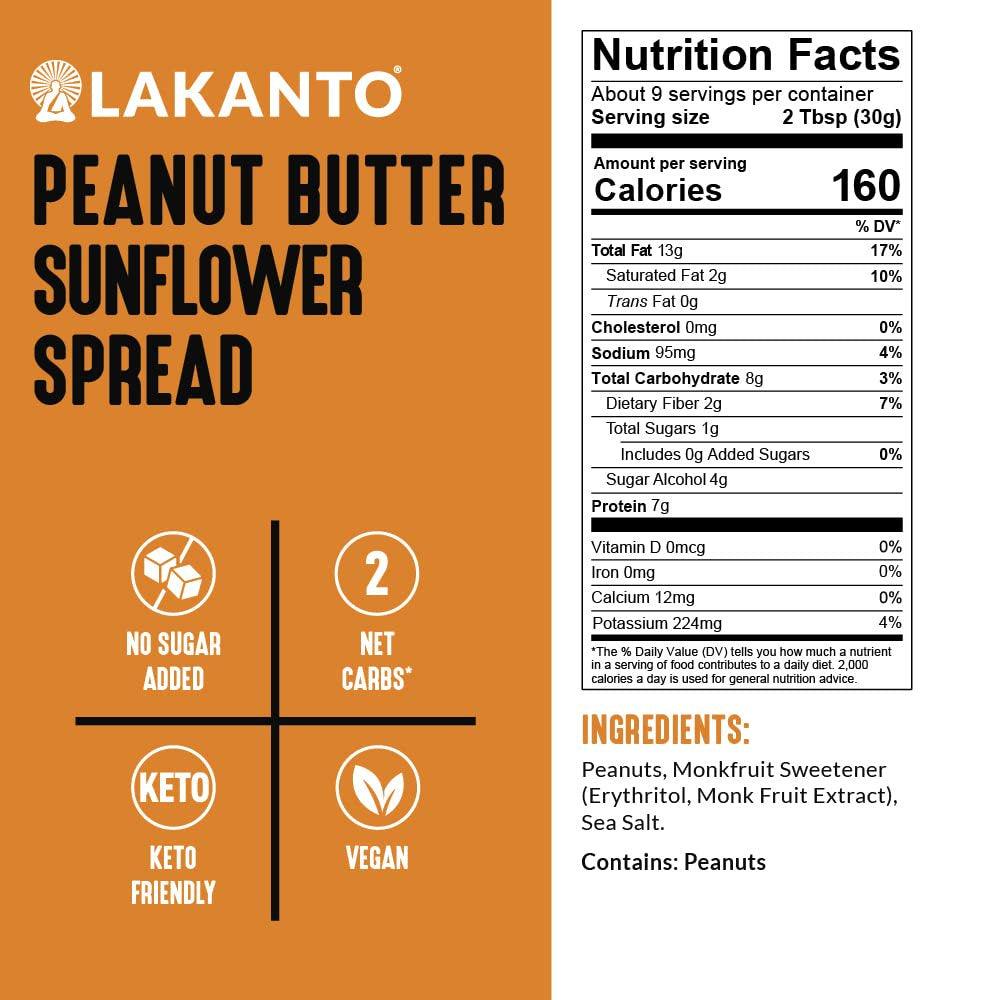 Peanut Butter Spread - Sweetened with Monk Fruit Sweetener, Keto Diet Friendly, Vegan, 2 Net Carbs, Non GMO, Sandwiches, Toast, Smoothies, Cereal, Oatmeal, and More - 10 Oz