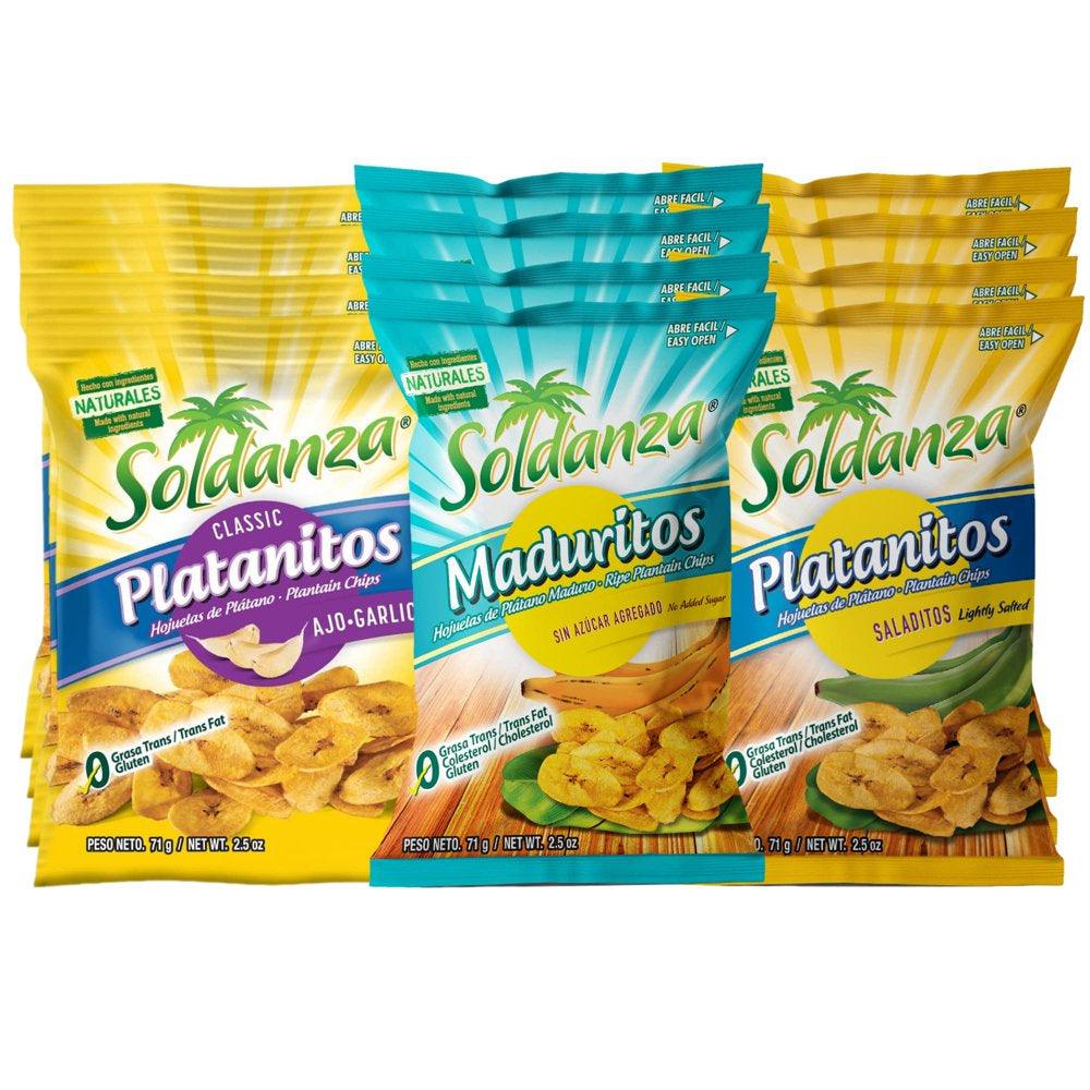 Plantain Chips, Variety Pack 2.5 Oz (Pack of 12) 4 X Salted Plantain Chips, 4 X Ripe Plantain Chips, 4 X Garlic Plantain Chips