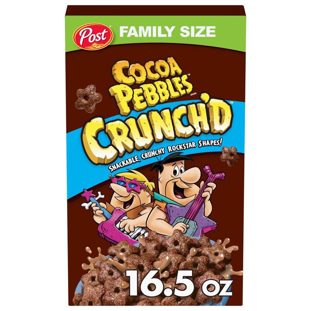 Post Cocoa PEBBLES Crunch'D Breakfast Cereal, Chocolatey Family Size Cereal, 16.5 OZ Box