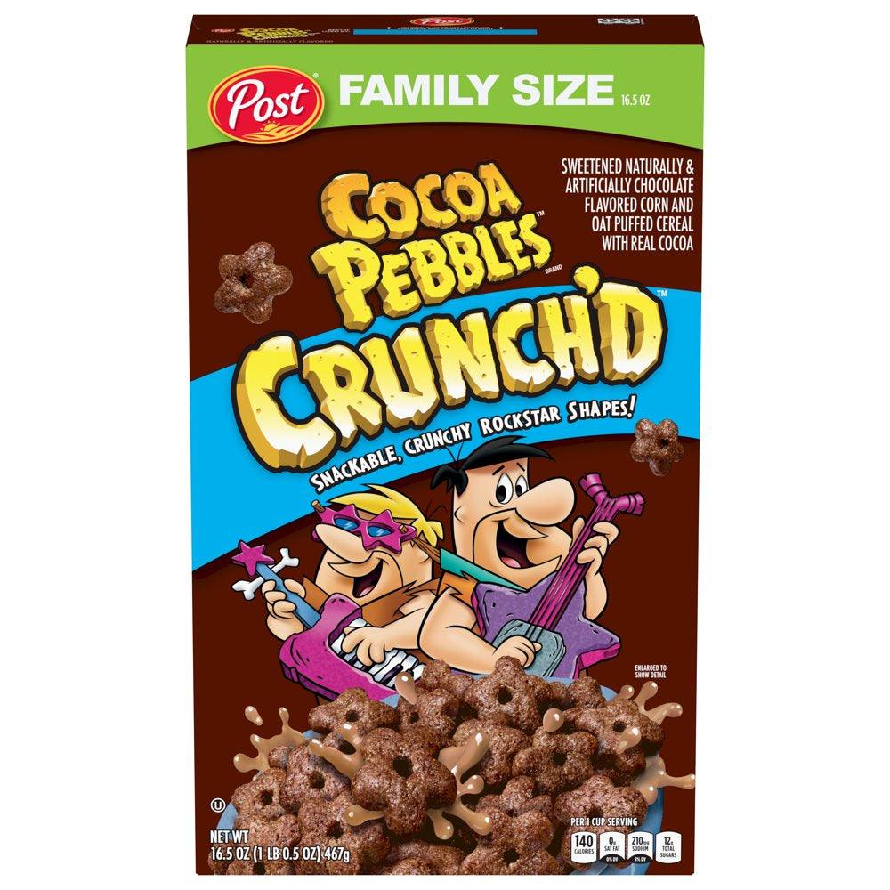 Post Cocoa PEBBLES Crunch'D Breakfast Cereal, Chocolatey Family Size Cereal, 16.5 OZ Box