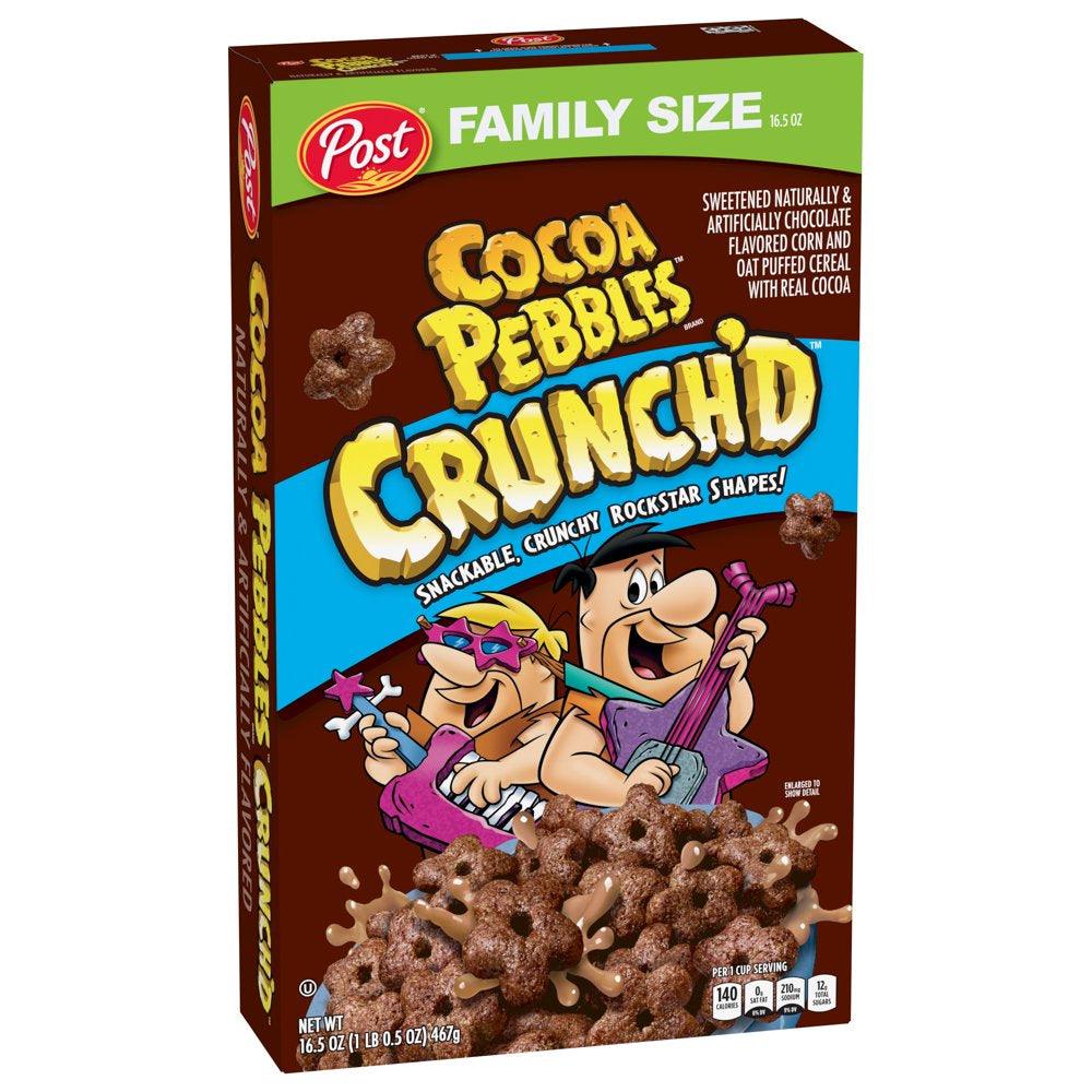 Post Cocoa PEBBLES Crunch'D Breakfast Cereal, Chocolatey Family Size Cereal, 16.5 OZ Box