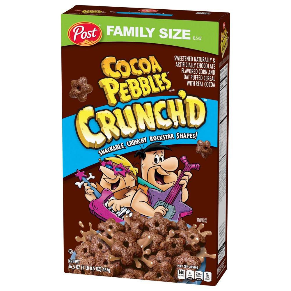 Post Cocoa PEBBLES Crunch'D Breakfast Cereal, Chocolatey Family Size Cereal, 16.5 OZ Box