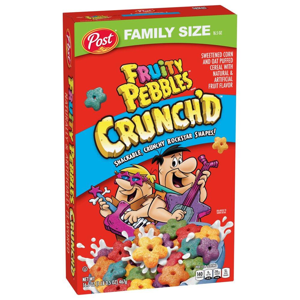 Post Fruity PEBBLES Crunch'D Breakfast Cereal, Fruity Family Size Cereal, 16.5 OZ Box