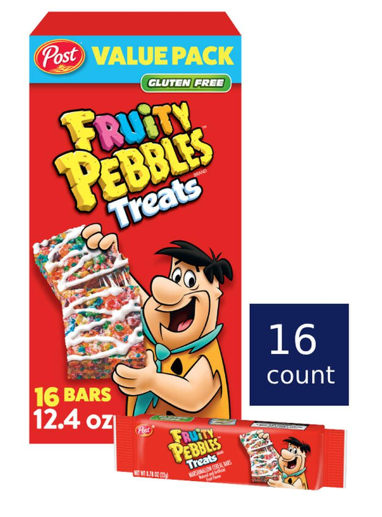 Post Fruity PEBBLES Treats, Breakfast Cereal Bars, Gluten Free, Snack Bars, Kids Snacks, Two 6.2 OZ Cartons (16 Bars)