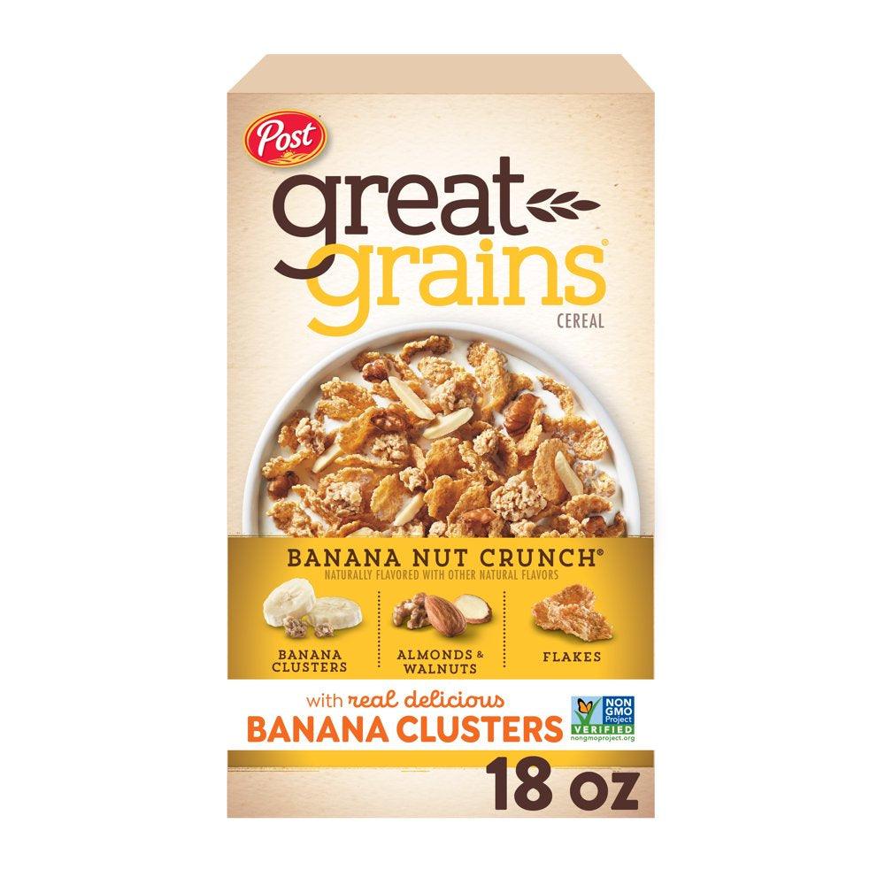 Post Great Grains Banana Nut Crunch Breakfast Cereal, Non GMO Project Verified, Heart Healthy, Low Saturated Fat, Whole Grain Cereal, 18 Ounce