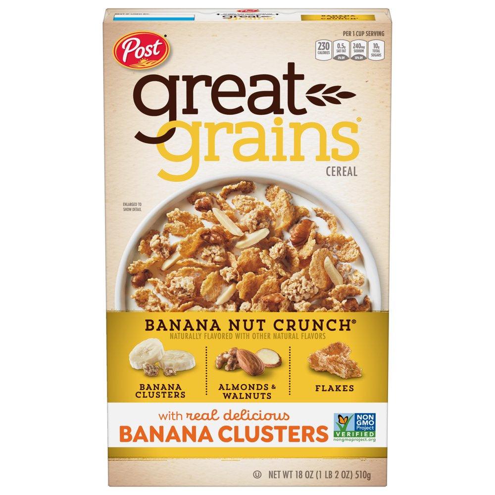 Post Great Grains Banana Nut Crunch Breakfast Cereal, Non GMO Project Verified, Heart Healthy, Low Saturated Fat, Whole Grain Cereal, 18 Ounce