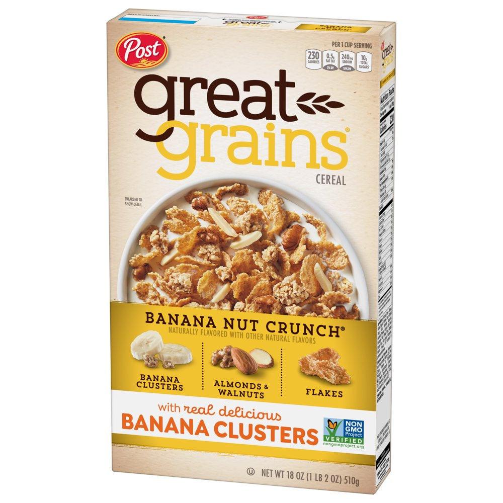 Post Great Grains Banana Nut Crunch Breakfast Cereal, Non GMO Project Verified, Heart Healthy, Low Saturated Fat, Whole Grain Cereal, 18 Ounce