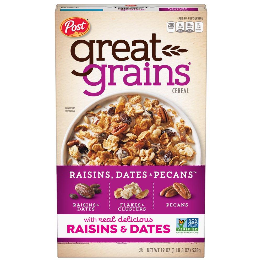 Post Great Grains Raisins, Dates & Pecans Breakfast Cereal, Non GMO Project Verified, Heart Healthy, Low Fat, Whole Grain Cereal, 19 Ounce