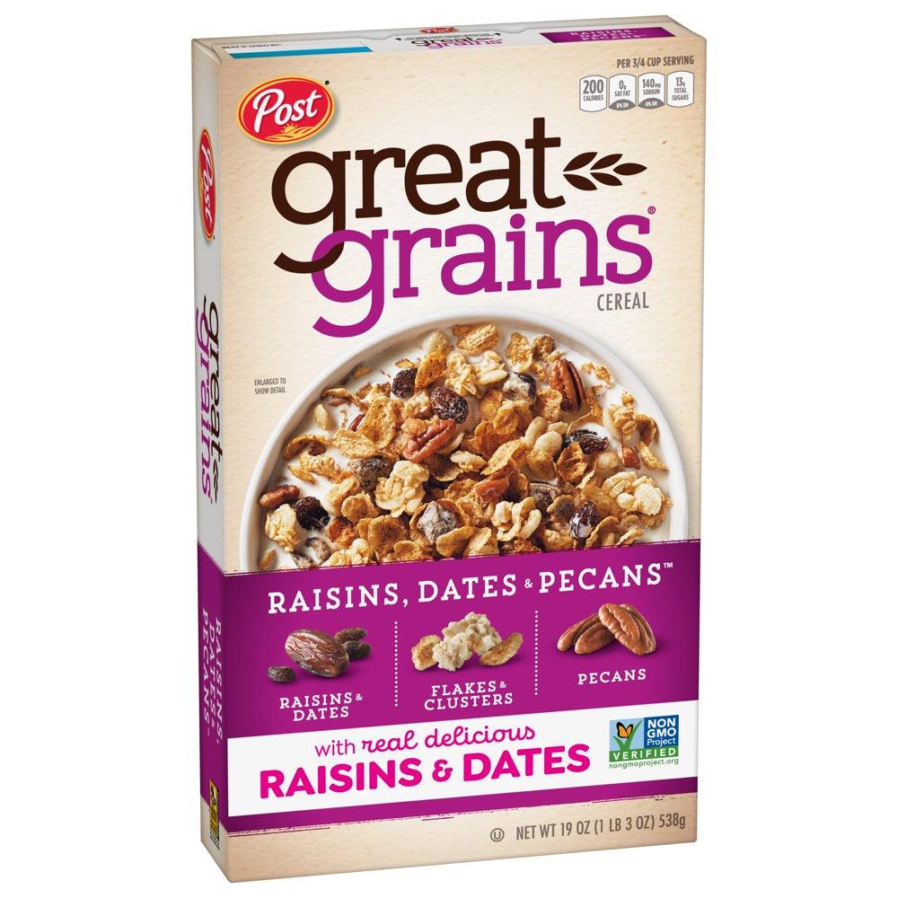 Post Great Grains Raisins, Dates & Pecans Breakfast Cereal, Non GMO Project Verified, Heart Healthy, Low Fat, Whole Grain Cereal, 19 Ounce