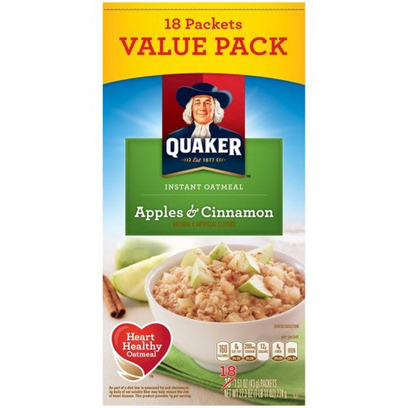 Quaker Apples & Cinnamon Instant Oatmeal Value Pack, 1.51 Oz, 18 Count