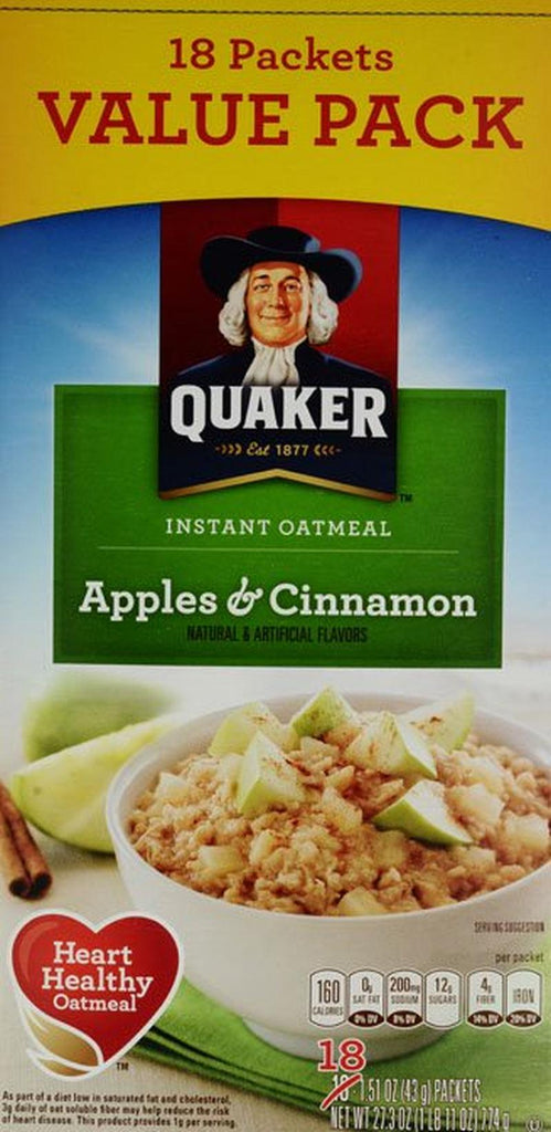 Quaker Apples & Cinnamon Instant Oatmeal Value Pack, 1.51 Oz, 18 Count