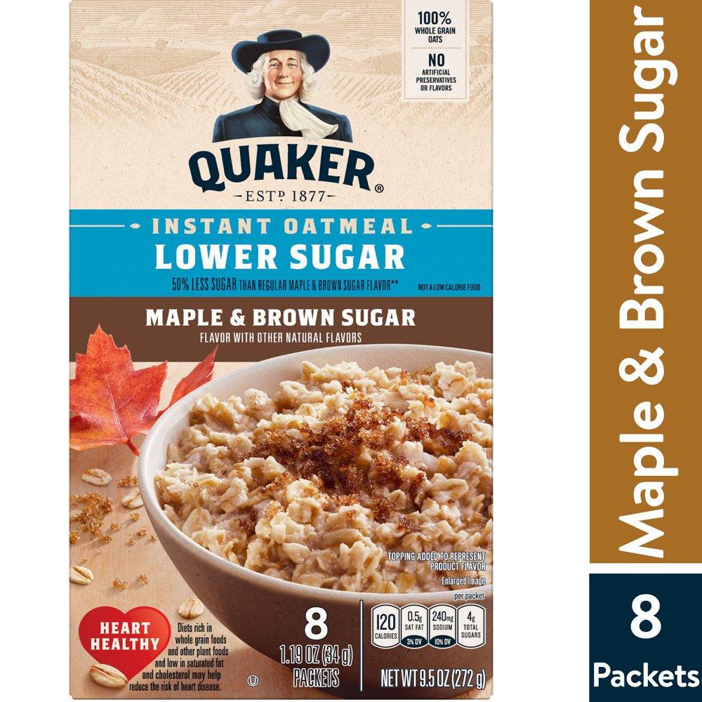 Quaker Instant Oatmeal Lower Sugar Maple Brown Sugar 9.5 Oz, 8 Packets