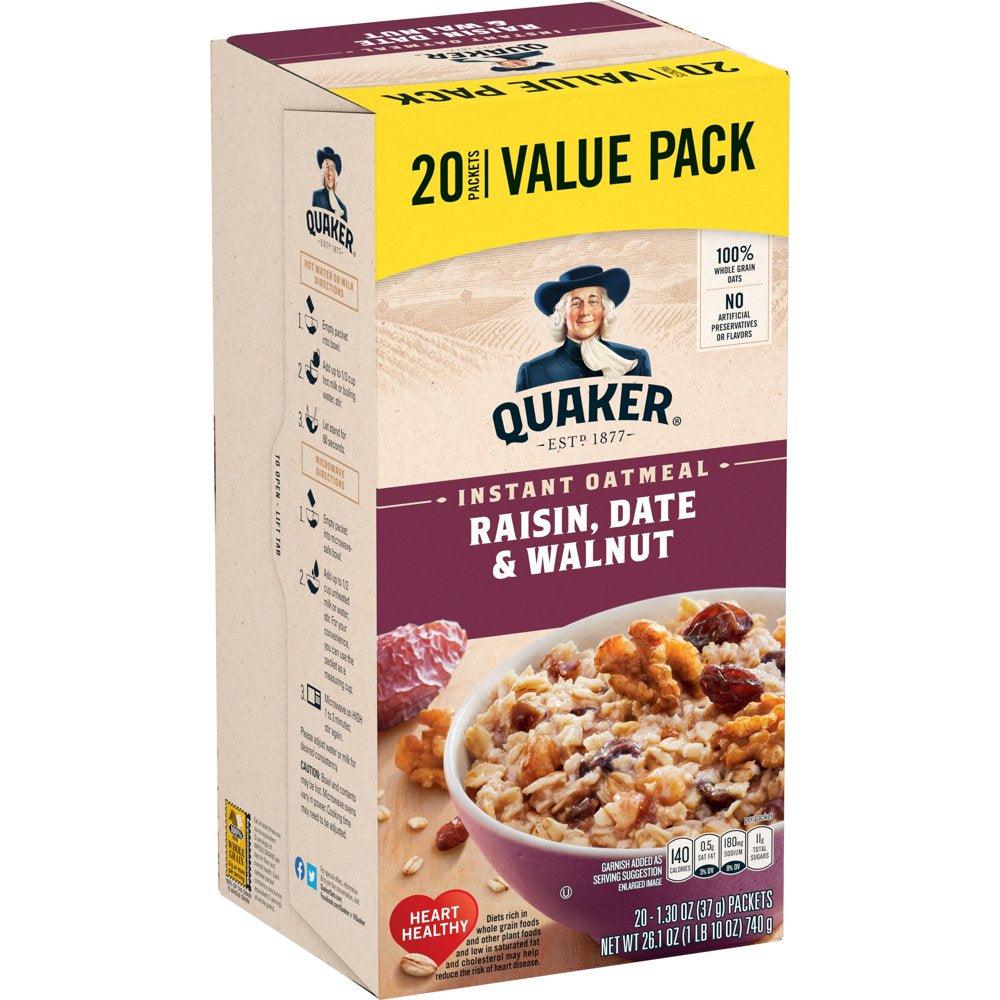 Quaker, Instant Oatmeal, Raisin, Date & Walnut, 1.30 Oz, 20 Packets