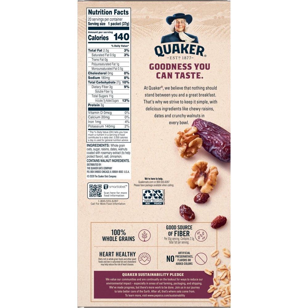 Quaker, Instant Oatmeal, Raisin, Date & Walnut, 1.30 Oz, 20 Packets