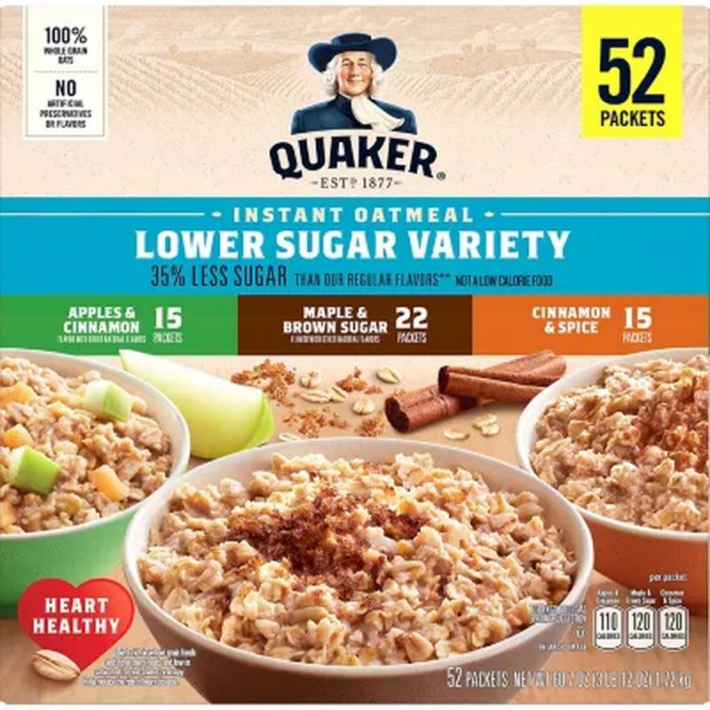 Quaker Lower Sugar Instant Oatmeal, Variety Pack (52 Pk.)