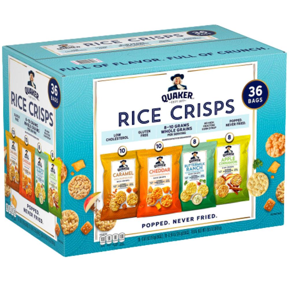 Quaker Rice Crisps Variety Pack Caramel Cheddar Buttermilk Ranch Apple Cinnamon Flavor Chips Popped Never Fried Low Cholesterol Gluten Free Great Kid Snack, 36 Counts - 1 Box