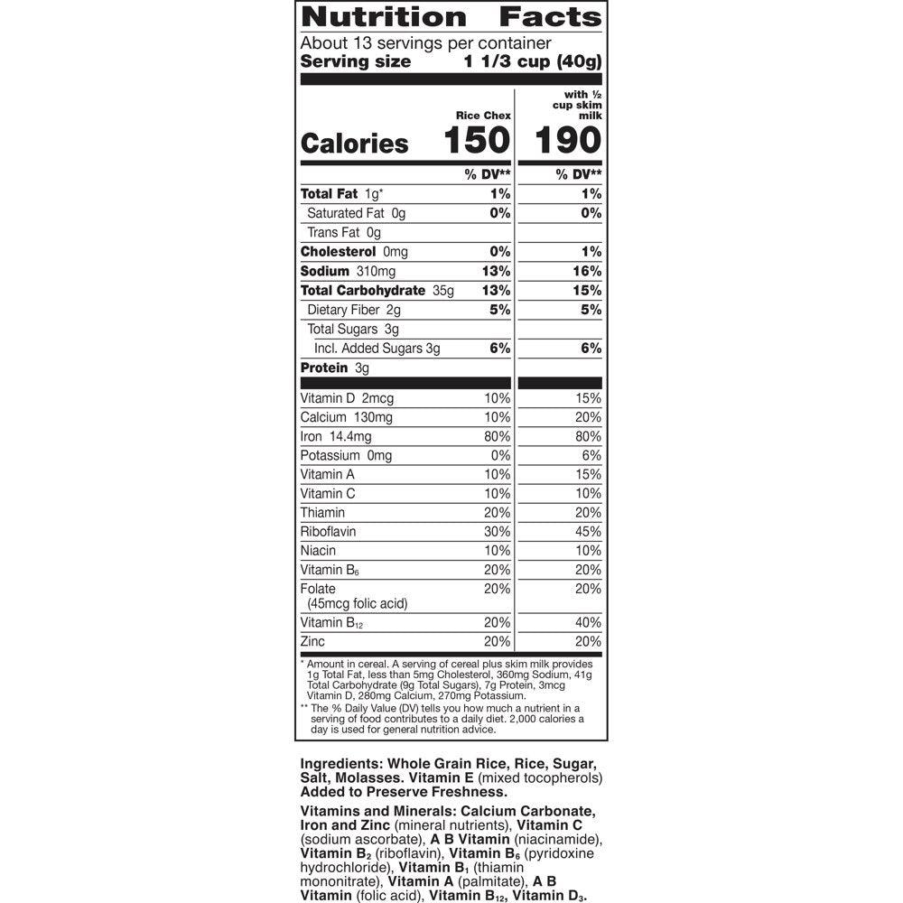 Rice Chex, Gluten Free Breakfast Cereal, Made with Whole Grain, Family Size, 18 Oz