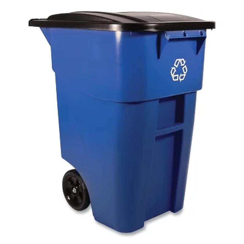 Rubbermaid Commercial BRUTE Recycling Rollout Trash Can with Hinged Lid, Blue (50 Gal.)