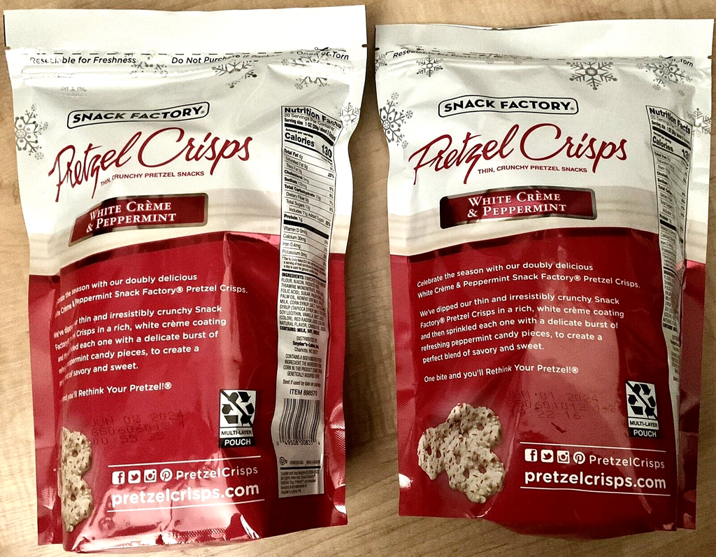 2 Packs Snack Factory Pretzel Crisps White Chocolate & Peppermint 20Oz Each Pack