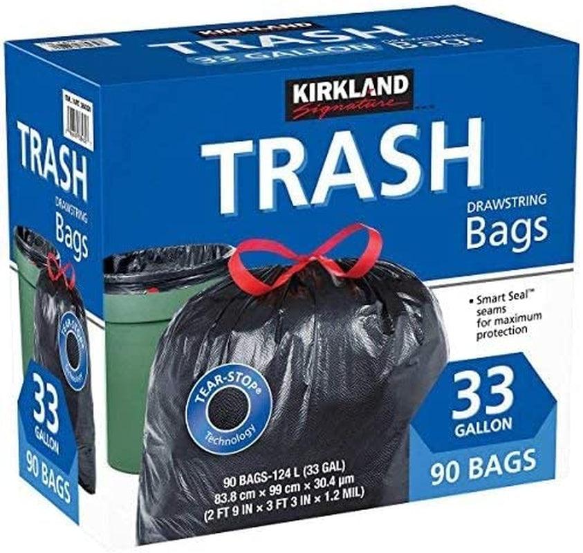 Signature Carton Is 100% Recyclable 33 Gallon Black Drawstring Trash Bag 90 Count,Tear-Stop Technology