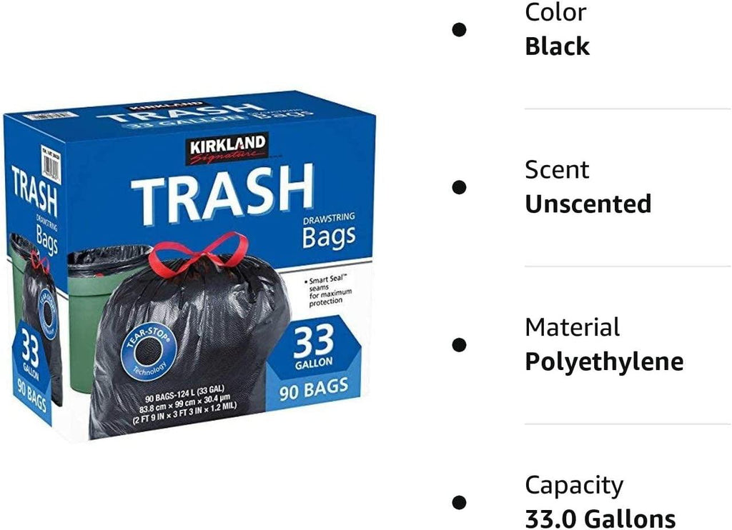 Signature Carton Is 100% Recyclable 33 Gallon Black Drawstring Trash Bag 90 Count,Tear-Stop Technology