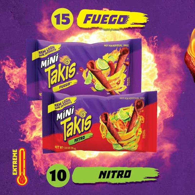 Takis Mini Fuego and Nitro Spicy Rolled Tortilla Chips, Hot Chili Pepper Lime and Habanero Lime Flavored Mini Spicy Chips Variety Pack, 25 Individual Mini Snack Packs, 1.23 Ounces Each