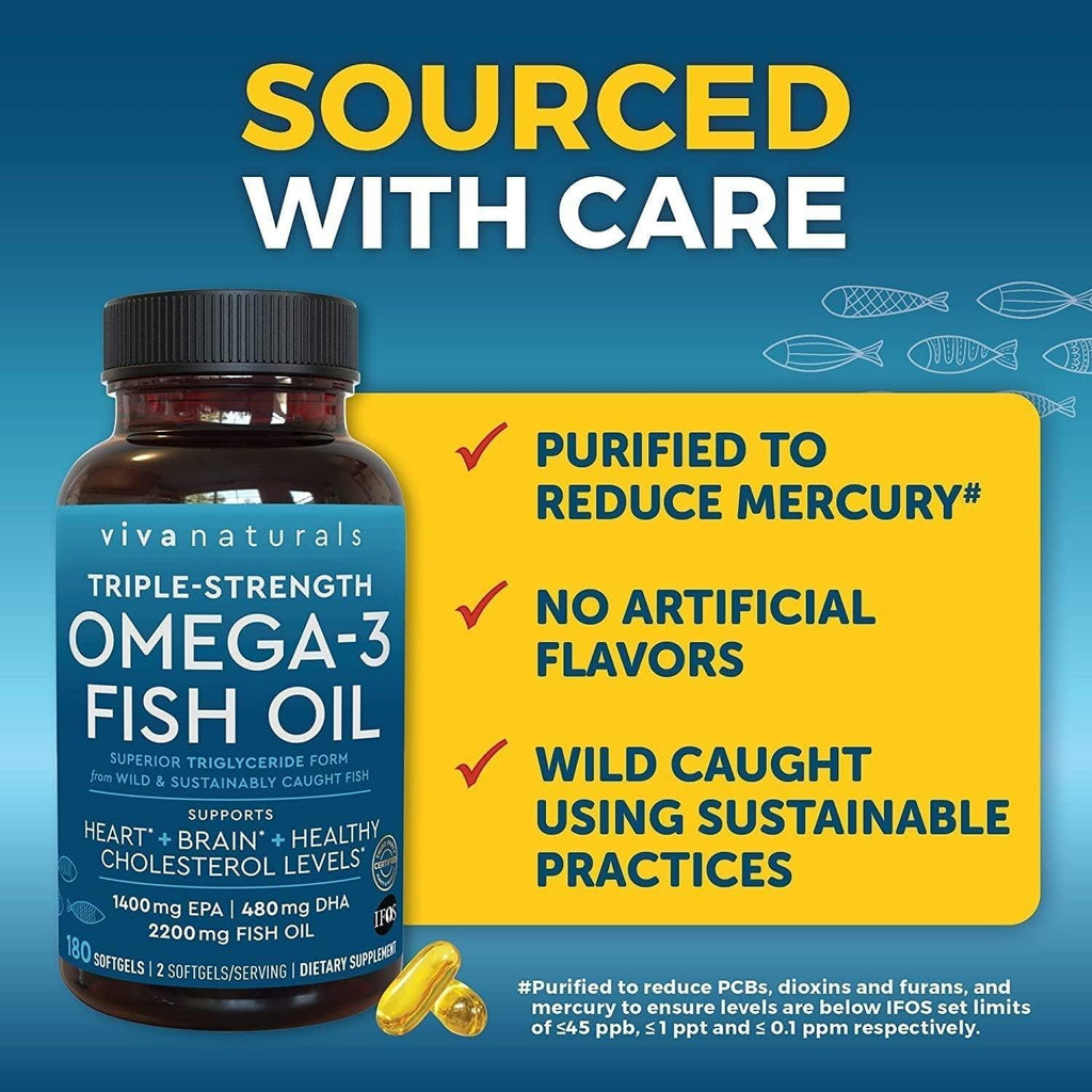 Triple-Strength Omega 3 Fish Oil from Wild Caught Fish - EPA and DHA Supplement, 2000 Mg Omega 3 Fatty Acids per Serving, 180 Softgels