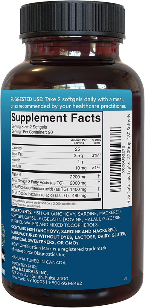 Triple-Strength Omega 3 Fish Oil from Wild Caught Fish - EPA and DHA Supplement, 2000 Mg Omega 3 Fatty Acids per Serving, 180 Softgels