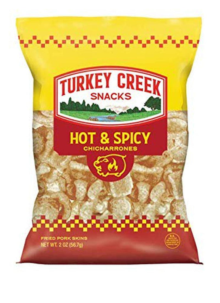 Turkey Creek Fried Pork Skins Rinds Chicharrones Hot Flavor 2.0 Oz (12-Bags)