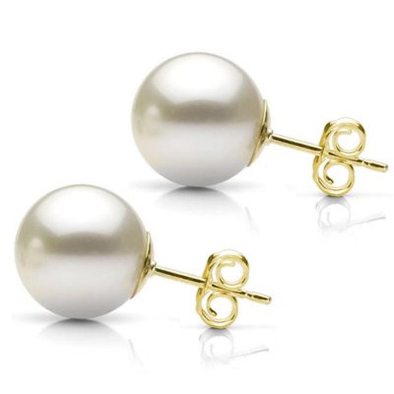 White Grade AAA round Cultured Freshwater Pearl Stud Earring with 14K Yellow Gold Post - Various Pearl Sizes Available