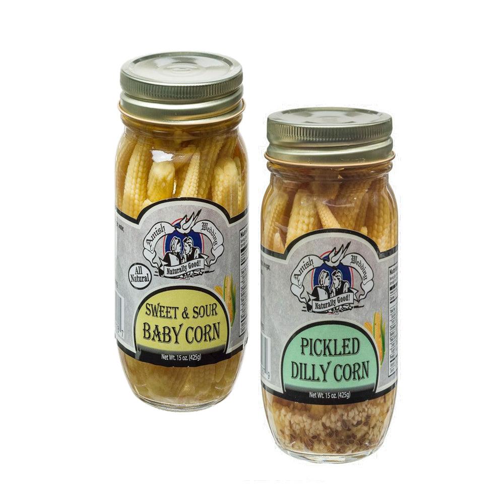 Amish Wedding Sweet &amp; Sour Baby Corn &amp; Pickled Dilly Baby Corn Variety 2-Pack