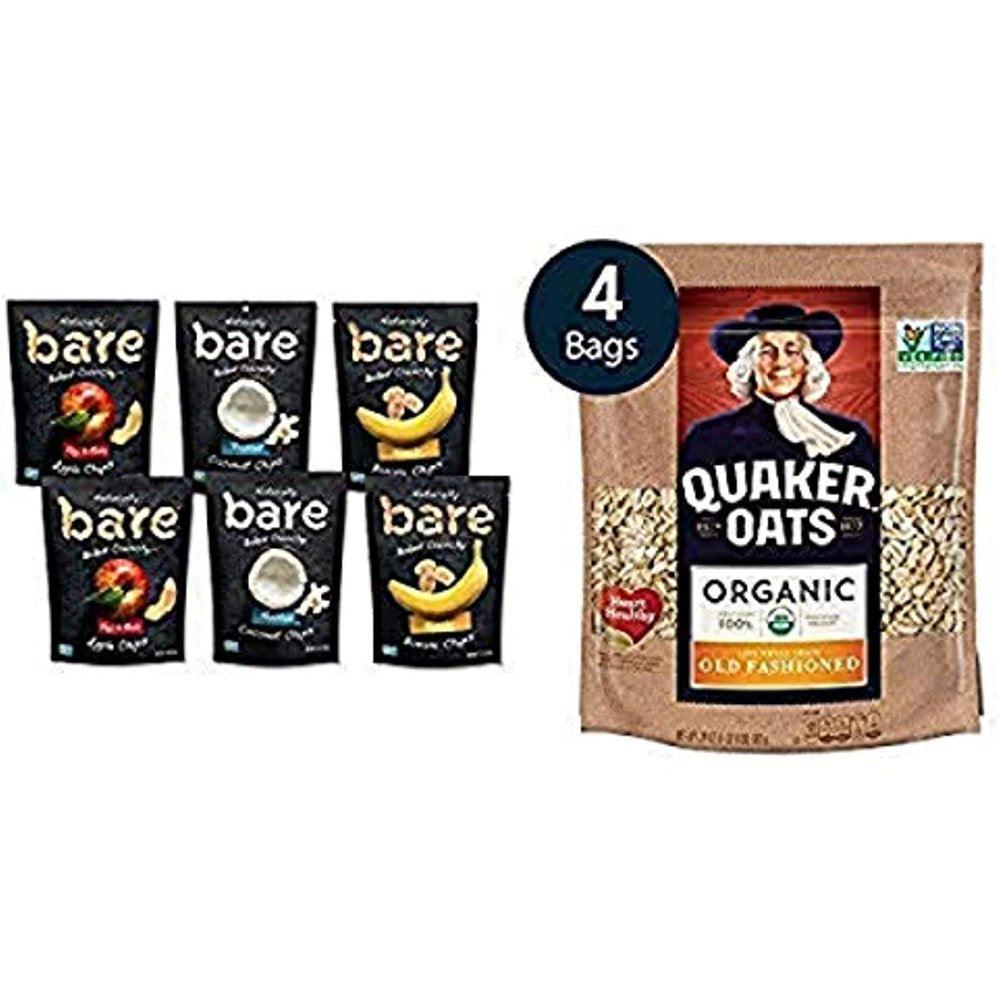 Bare Baked Crunchy Apple Chips, Banana Chips, and Coconut Chips, Variety Pack with  Old Fashioned Rolled Oats, Usda Organic, 24Oz Resealable Bags