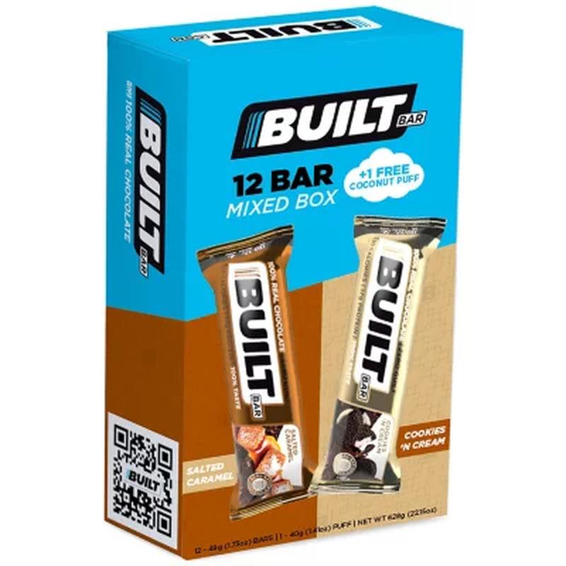 Built Protein Bar Mixed Box, Salted Caramel, Cookies &#039;N Cream, + 1 Free Coconut Puff (13 Pk.)