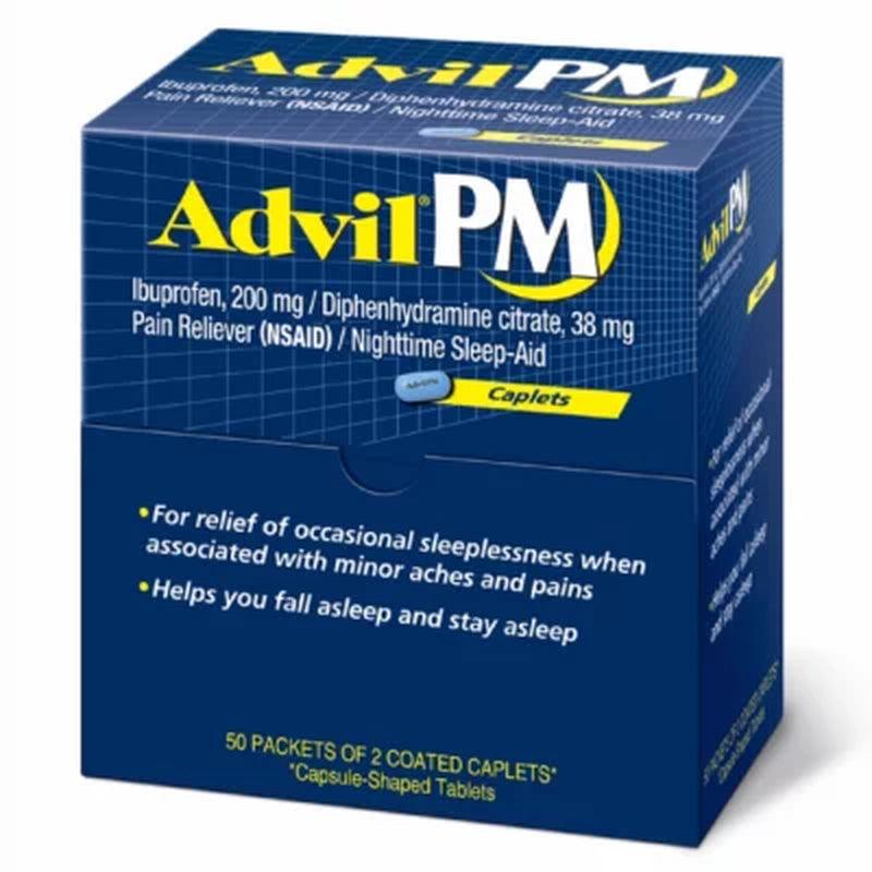 Advil PM Pain Reliever + Nighttime Sleep Aid Coated Caplet, 200 Mg. Ibuprofen, 38 Mg. Diphenhydramine (2 Pk., 50 Ct./Pk.)