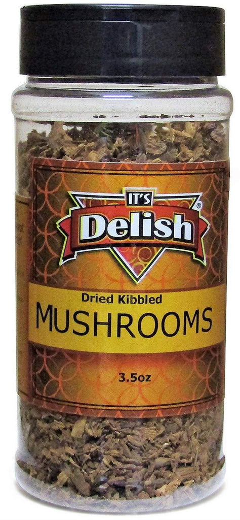 Dried Mushroom Kibble by Its Delish, 3.5 Oz Medium Jar Dark Chilean Dehydrated and Chopped Boletus Luteus Mushrooms for Cooking and Flavoring