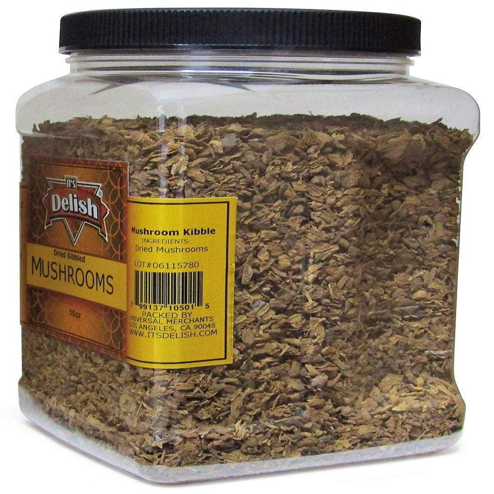 Dried Mushroom Kibble by Its Delish, 15 Oz Jumbo Container Dark Chilean Dehydrated and Chopped Boletus Luteus Mushrooms for Cooking and Flavoring