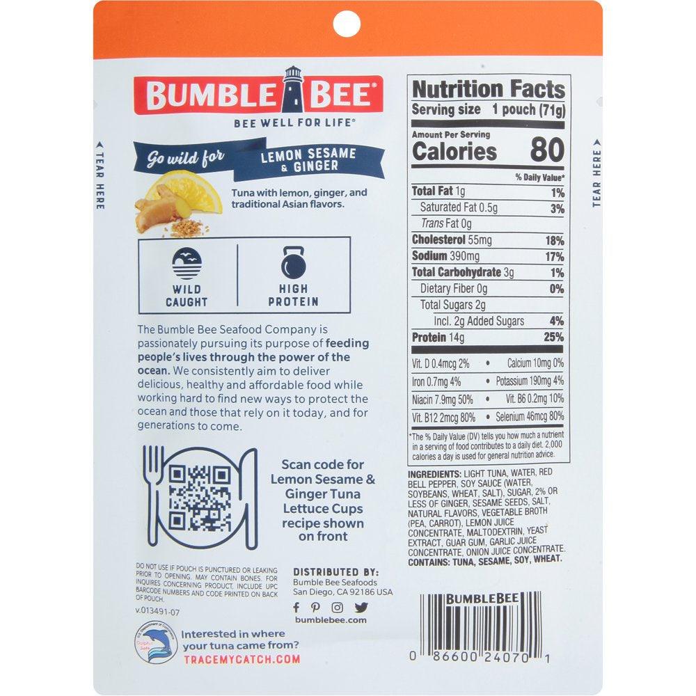 Bumble Bee Tuna Pouch, 13G Protein, Lemon Sesame &amp; Ginger, 2.5 Oz Pouch